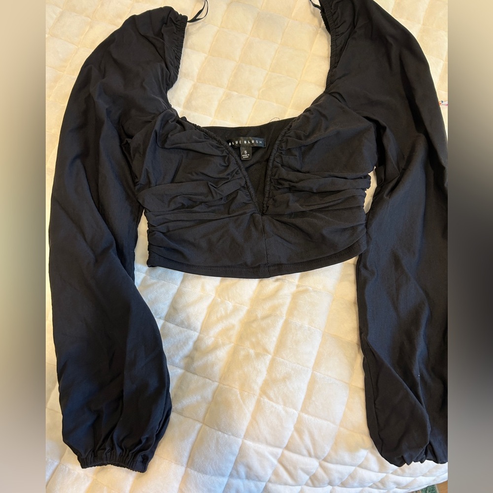 Blue Blush Black Ruched Crop Blouse